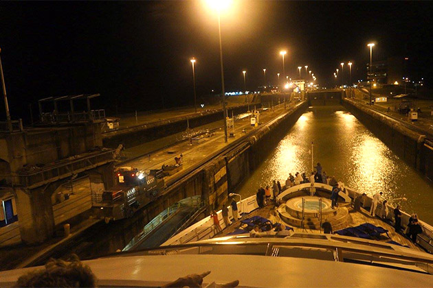 Panama Canal cruising at night (Photo: Erica Silverstein) View of Panama Canal at night via the ship