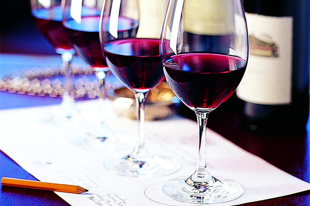 Onboard wine tasting (Photo: Crystal Cruises) Wine glasses lined up for an onboard tasting