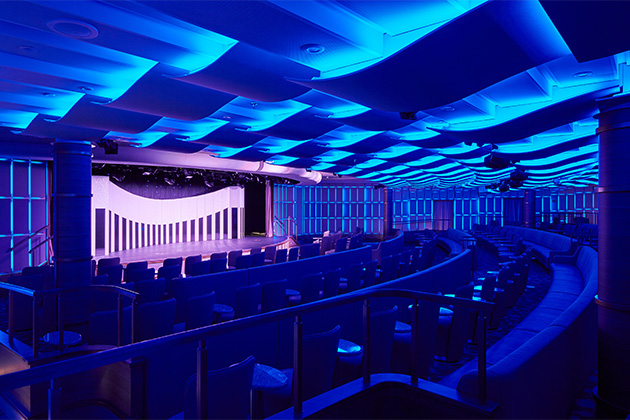 The main show lounge on Silver Muse (Photo: Silversea Cruises) The blue, dimly lit theater on Silver Muse