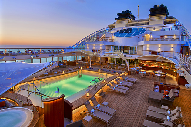 The pool deck on Seabourn Encore (Photo: Seabourn) The Seabourn Encore pool deck at sunset