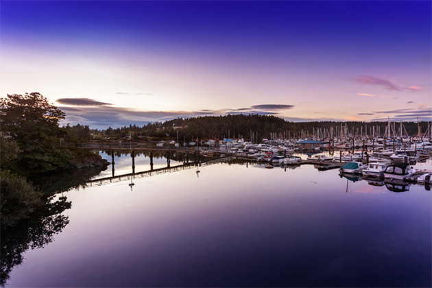 Sunset in Washington's San Juan Islands (Photo: Jo Ann Snover/Shutterstock.com) The waters in Friday Harbor's marina are still just after sunset in San Juan Islands, Washington