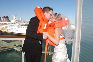 Newly married bliss during the emergency drill, courtesy of Cruise Critic member alliphd. wedding-photo-bride-groom