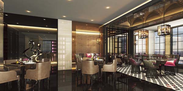 Dining Room (Photo: Scenic) cruise ship dining room with black floor and square chandeliers