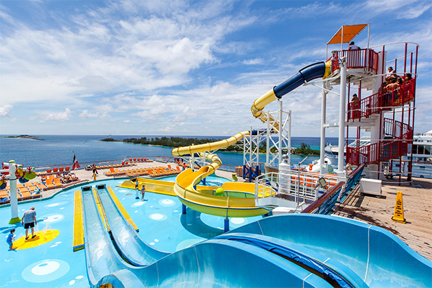 Aft view of Carnival WaterWorks water slides on Carnival Cruise Line