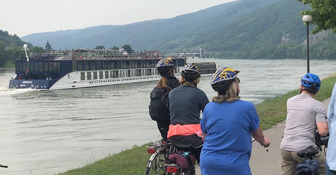 Bikers race AmaLea on the Danube River. (Photo: Chris Gray Faust/Cruise Critic) Bikers race AmaLea on the Danube River.