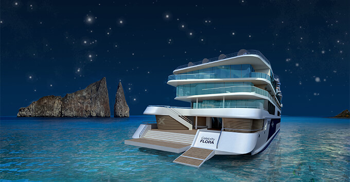 Celebrity Flora (Image: Celebrity Cruises) Rendering of Celebrity Flora with Galapagos night sky in the background